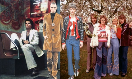From right, John Travolta in Saturday Night Fever, 1977; the JW Anderson collection in January 2015; Topman model in January 2015; Abba in 1974.
