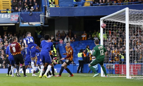 Gary Cahill, third left, scores the opening goal at Stamford Bridge.