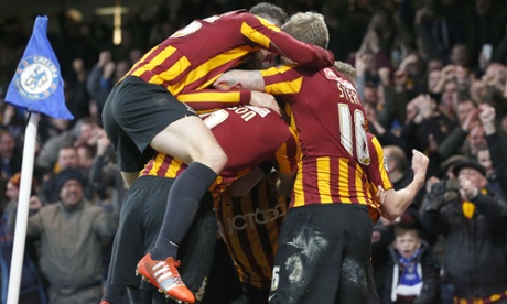 Bradford City players celebrate after Scottish midfielder Andrew Halliday scored his team's third goal against Chelsea in the FA Cup.
