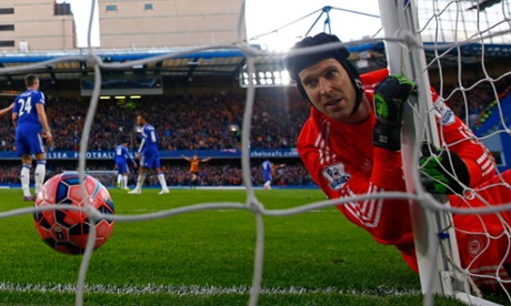 Goalkeeper Petr Cech of Chelsea looks on after being beaten by the shot from Jonathan Stead of Bradford City during their FA Cup fourth-round tie at Stamford Bridge.