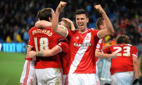 Daniel Ayala celebrates Kike's goal for Middlesbrough, in their victory over Manchester City in the FA Cup.