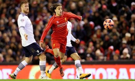Bolton's Matthew Mills appears to catch the trailing leg of Lazar Markovic but no penalty was awarded.