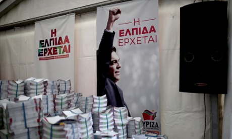 The Syriza party's poster reads 'the hope is coming' in an election campaign kiosk in Athens.