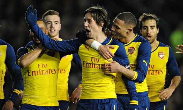 tomas rosicky celebrating scoring wonder goal for arsenal against Brighton in FA Cup to cap off superb performance