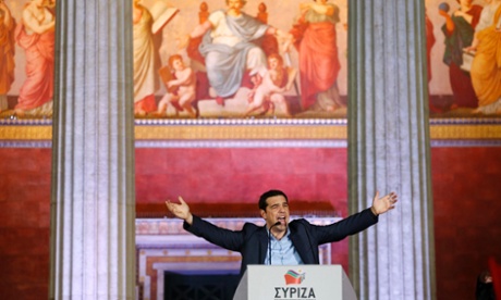 Head of radical leftist Syriza party Alexis Tsipras speaks after winning the elections in Athens January 25, 2015. Tsipras hailed the projected victory of his anti-austerity Syriza party in Sunday's snap election as a defeat for austerity and the EU/IMF bailout programme keeping the country afloat.