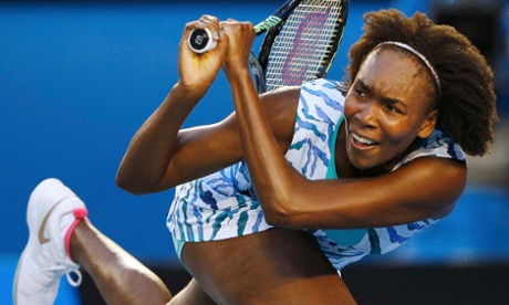 Venus Williams hits a return to Agnieszka Radwanska during their women's singles fourth round match at the Australian Open.