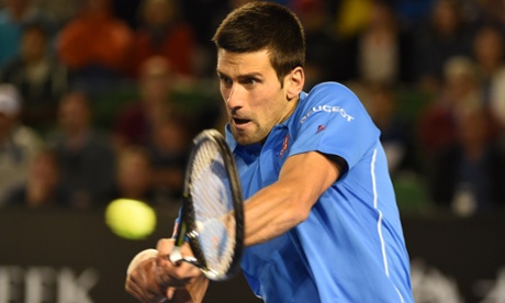 Novak Djokovic hits a return to Gilles Muller on day eight of the 2015 Australian Open tennis tournament.