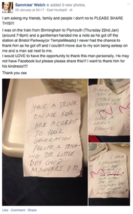 Sammie Welch's Facebook post searching for the man who gave her £5 and a complimentary note on a train to Plymouth.
