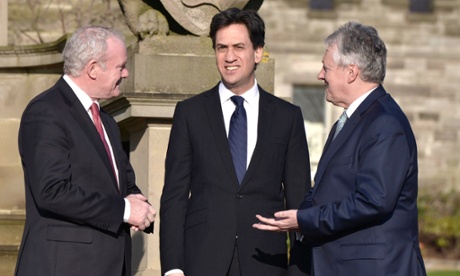 Ed Miliband meeting Martin McGuinness (left) and Peter Robinson (right) on his visit to Northern Ireland last week.