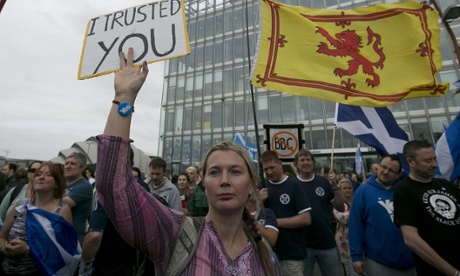 Yes supporters rally outside the BBC Scotland HQ in Glasgow in protest of their alleged bias during the campaign.