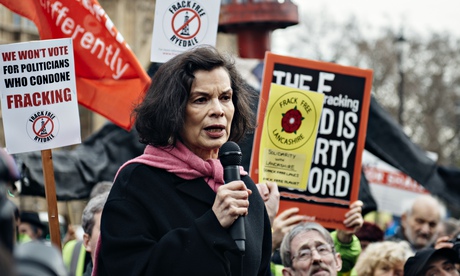 Bianca Jagger at an anti-fracking protest outside parliament in London