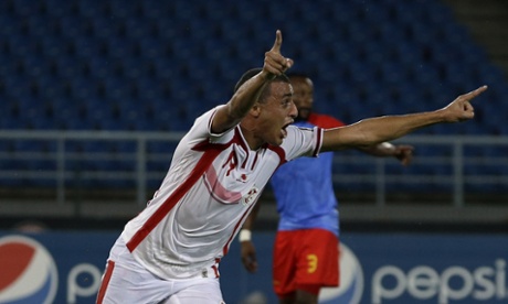 Tunisia's Ahmed Akaichi celebrates scoring the opener goal against DR Congo.