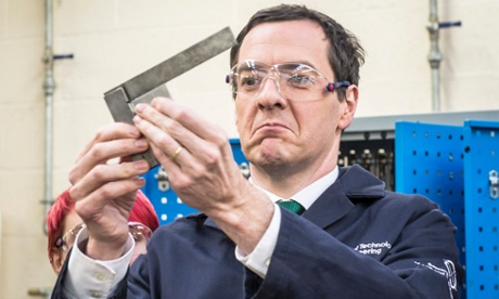 Chancellor George Osborne helps out with an engineering project in a mechanical workshop class during their visit to Somerset College, Taunton yesterday.