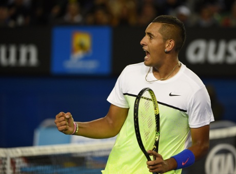 Nick Kyrgios celebrates winning a point.