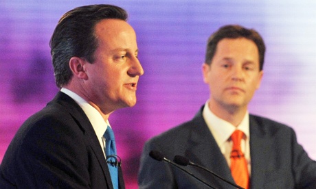 Lib Dem leader Nick Clegg looks on as David Cameron speaks during the last leaders' debate series in 2010.