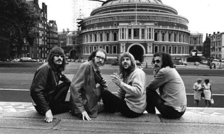 12th August 1970:  Progressive British rock band Soft Machine outside the Albert Hall in London, from left to right; Mike Ratledge (electronic organ and electric piano), Hugh Hopper (bass guitar), Robert Wyatt (drums) and Elton Dean (alto saxophone and saxelle)