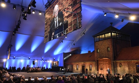 Polish born Holocaust survivor and President of the International Auschwitz Committee Roman Kent delivers a speech in front of survivors and world leader at a tent erected in front of the entrance of the former Nazi concentration camp Auschwitz-Birkenau.