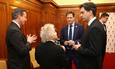 David Cameron, Nick Clegg and Ed Miliband speak to Holocaust survivors.