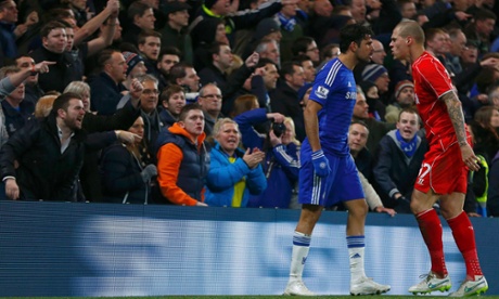 Chelsea's Diego Costa and Liverpool's Martin Skrtel argue