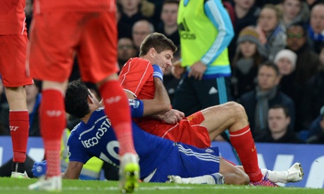 Diego Costa and Steven Gerrard get to grips with each other ...