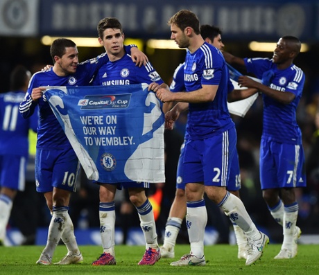 Eden Hazard, Oscar and Branislav Ivanovic celebrate the win which means they're in the League Cup Final for the first time in seven years, where they lost to Spurs