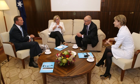 Tony Abbott with Australian of the Year, Rosie Batty, ex-Victorian Police Commissioner Ken Lay, and the assistant minister for women, Senator Michaelia Cash.