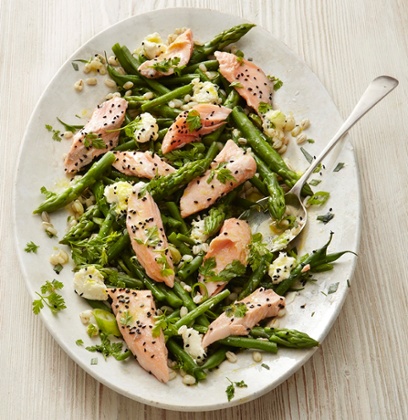 Yotam Ottolenghi's sauternes-poached salmon salad with french beans and barley