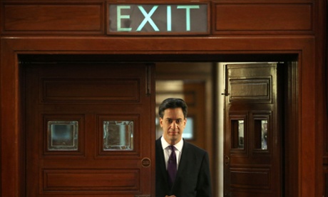 Miliband lurking at a door marked 'Exit'