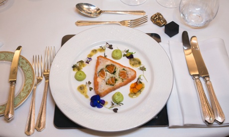 Starter ... terrine of roasted and smoked salmon with avocado and crab.