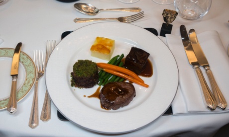 Main course ... braised short rib, beef shin with a herb crust, beef fillet and green beans, baby carrots and gratin Dauphinoise.