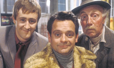 David Jason in sheepskin coat, with Nicholas Lyndhurst (left) and Lennard Pearce (right) in Only Fools and Horses.