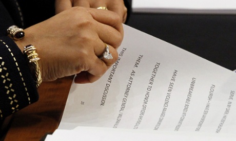 Attorney general nominee Loretta Lynch turns a page as she speaks on Capitol Hill in Washington, Wednesday, Jan. 28, 2015, during her confirmation hearing before the Senate Judiciary Committee.