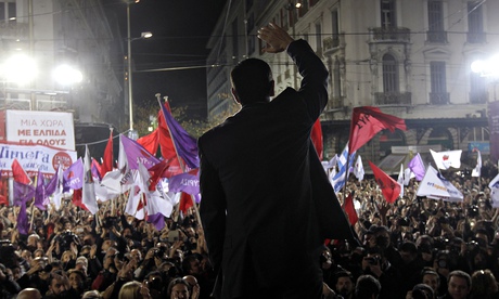 The leader of Syriza, Alexis Tsipras, waves to supporters at a rally in Athens, 22 January 2015.