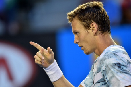 Tomas Berdych gestures at Murray.