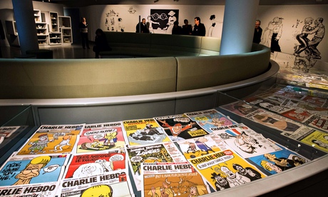 Issues of Charlie Hebdo displayed in 'Une histoire de Charlie hebdo' ('A History of Charlie Hebdo')