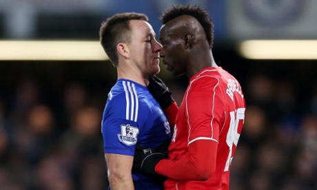 Football - Chelsea v Liverpool - Capital One Cup Semi Final Second Leg - Stamford Bridge - 27/1/15 Liverpool's Mario Balotelli clashes with Chelsea's John Terry Mandatory Credit: Action Images / Matthew Childs Livepic EDITORIAL USE ONLY. No use with unauthorized audio, video, data, fixture lists, club/league logos or 