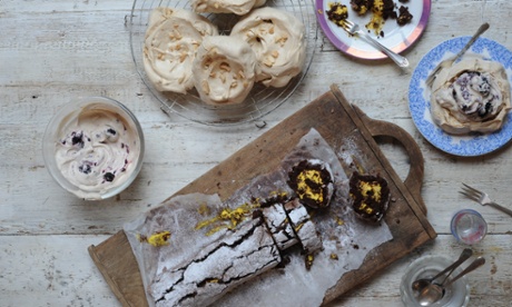Chocolate meringue roulade, toasted almond meringues