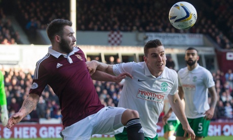 Hearts' James Keatings, left, and Hibernian's Paul Hanlon.