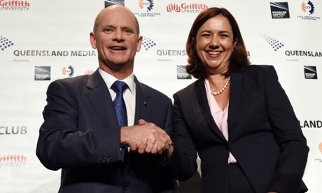 Queensland Premier Campbell Newman and Opposition leader Annastacia Palaszczuk exchange a friendly handshake after their Leaders debate on Friday