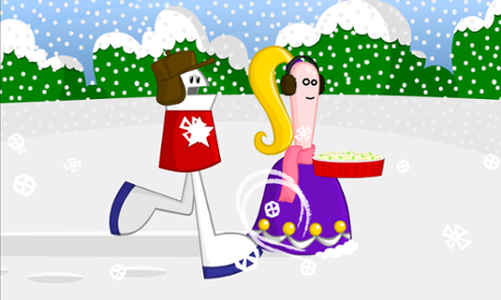Homestar Runner and Marzipan walk in the snow.