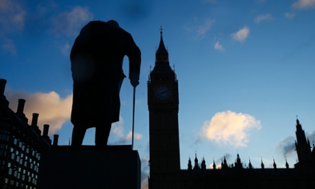 The statue of Britain's former Prime Minister Winston Churchill is silhouetted