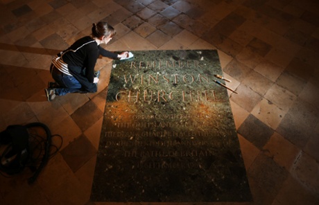 Winston Churchill's memorial stone is cleaned in Westminster Abbey this week