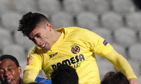 Gabriel Paulista, then of Villarreal, wins a header in a Europa League match against Apollon.