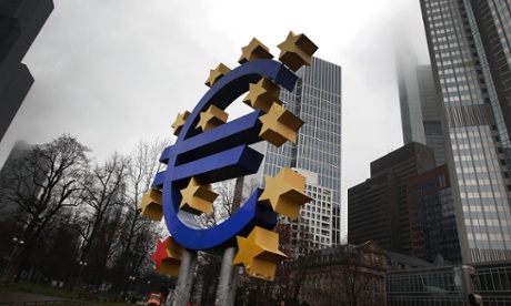 The euro sign in front of the European Central Bank in Frankfurt am Main,