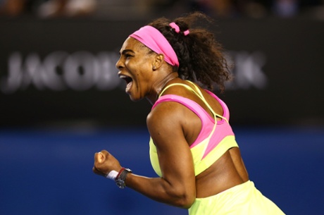 Serena Williams celebrates winning a point in the first set, which she takes 6-3