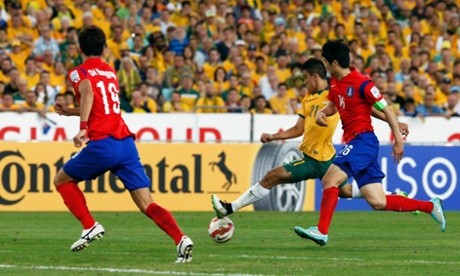 Australia’s Massimo Luongo strikes the opener against South Korea.