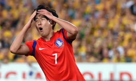 South Korea's Son Heung-Min reacts after coming close o scoring.