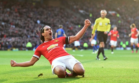 Radamel Falcao celebrates after stabbing home a rebound from a Di Maria shot