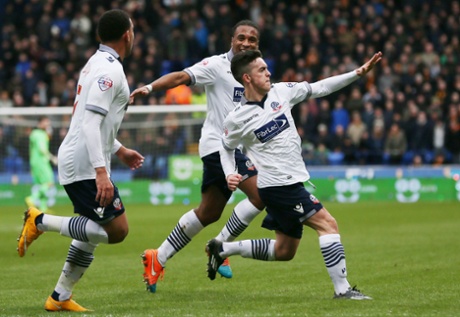 Bolton's Zach Clough celebrates scoring the equaliser against Wolves.