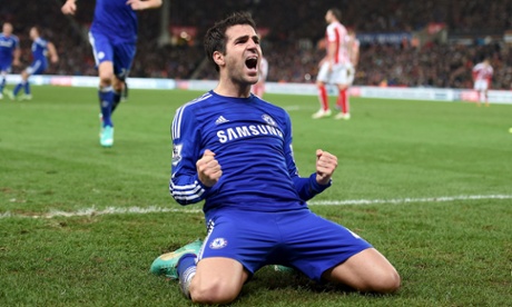 File photo dated 22-12-2014 of Chelsea's Cesc Fabregas celebrating scoring his sides second goal of the game during the Barclays Premier League match at the Britannia Stadium, Stoke. PRESS ASSOCIATION Photo. Issue date: Thursday January 29, 2015. Jose Mourinho's men are top of the league and top of the bill more than anyone else - seven first-place appearances so far. See PA story SOCCER Match of the Day. Photo credit should read Martin Rickett/PA Wire.Full length fulllength celebrate celebration hli